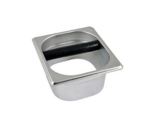 Badger and Dodo Coffee Roasters: The Open Knock Out Box is a square, stainless steel container featuring a circular opening and a black rod in the middle, ideal for disposing of used coffee grounds.