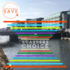 Badger and Dodo Coffee Roasters: A riverside scene with modern buildings in the background features bold, colorful horizontal lines and Roasters Choice artfully integrated. A circular label in the top left corner reads Subscribe & Save, inviting you to join this vibrant experience.