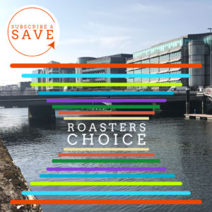 Badger and Dodo Coffee Roasters: A riverside scene with modern buildings in the background features bold, colorful horizontal lines and Roasters Choice artfully integrated. A circular label in the top left corner reads Subscribe & Save, inviting you to join this vibrant experience.