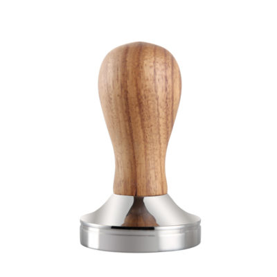 Badger and Dodo Coffee Roasters: The 58mm Cherry Wood Tamper features a cherry wood handle with a smooth finish and a flat metal base, standing upright against a white background. The shiny, reflective base lends an elegant touch.