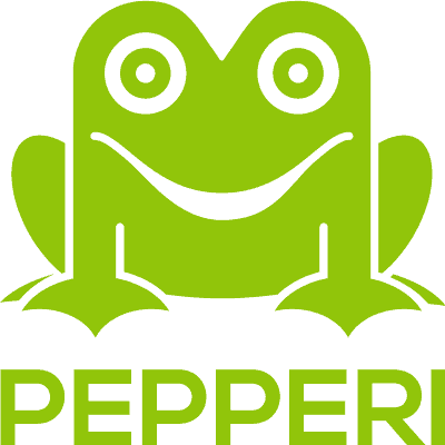 Badger and Dodo Coffee Roasters: A green frog icon with a wide smile sits above the word PEPPRI in bold green letters, perfectly capturing the playful and approachable spirit of our wholesale portal. The stylized, minimalistic design invites users into a seamless experience.