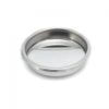 Badger and Dodo Coffee Roasters: A Blank Portafilter Basket 58mm with a round stainless steel design, featuring a raised edge and tilted base for drainage, resembling vst interface controls. The basket is empty and set against a white background.