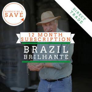 Badger & Dodo. Smiling man in hat holding coffee beans; text: Pay Once 1 Year Coffee Subscription Brazil Brilhante—Direct Trade, Subscribe & Save.