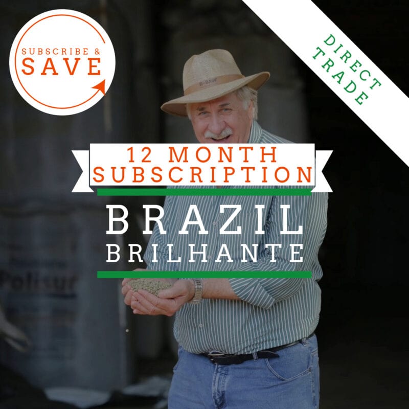 Badger & Dodo. Smiling man in hat holding coffee beans; text: Pay Once 1 Year Coffee Subscription Brazil Brilhante—Direct Trade, Subscribe & Save.