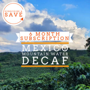 Badger & Dodo. Coffee plantation with text: Pay Once 6 Month Coffee Subscription Decaf, Mexico Mountain Water Decaf. Subscribe & Save.