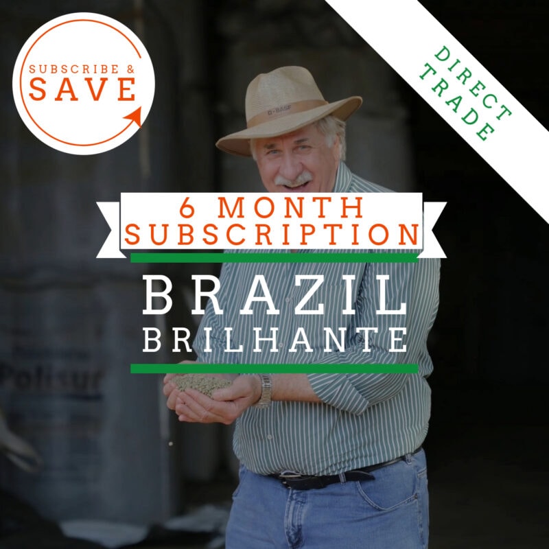 Badger & Dodo. A smiling man in a hat holds coffee beans with the text: Pay Once 6 Month Coffee Subscription Brazil brilante, Subscribe & Save.