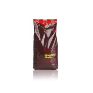 Badger and Dodo Coffee Roasters: A 1kg Chocolate Abyss 40% Hot Chocolate bag displays a harmonious blend of brown and red hues with yellow and white text on the front, all set against a white background.