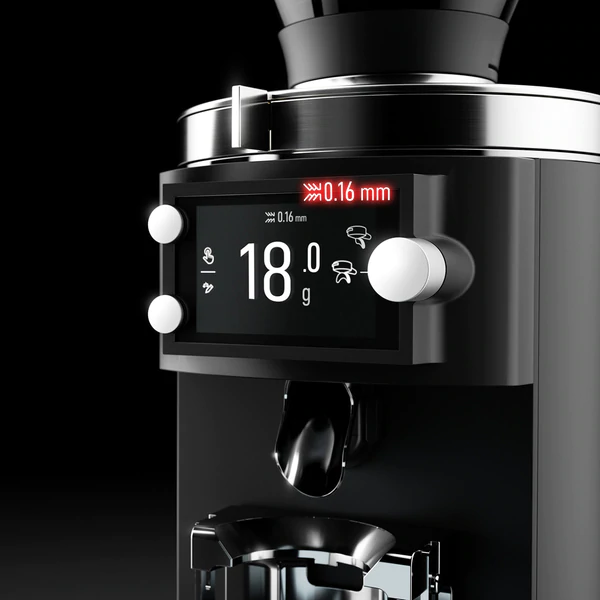 Badger and Dodo Coffee Roasters: Close-up of a sleek, modern black coffee grinder with a digital display showing a grind size of 0.16 mm for key consistency and a weight of 18.0 g. The grinder features two silver control knobs and boasts a stylish finish.