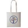 Badger and Dodo Coffee Roasters: The Badger and Dodo Tote Bag (Blue) is a beige bag adorned with a stylized tree within a dark blue circle, featuring colorful leaves that add vibrant flair. It has long handles for easy carrying.
