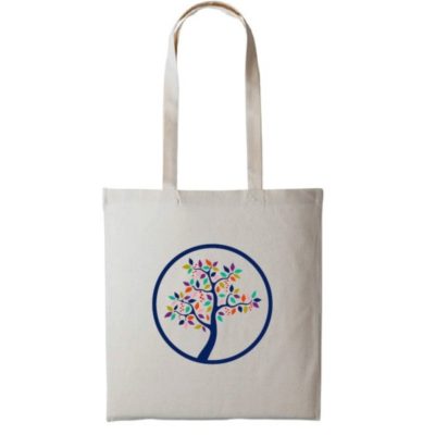 Badger and Dodo Coffee Roasters: The Badger and Dodo Tote Bag (Blue) is a beige bag adorned with a stylized tree within a dark blue circle, featuring colorful leaves that add vibrant flair. It has long handles for easy carrying.