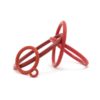 Badger and Dodo Coffee Roasters: A collection of red O-rings, evoking components of the NEO Bottomless 2-in-1 Portafilter Upgrade, are artistically arranged in an overlapping pattern on a pristine white background.