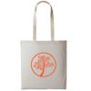 Badger and Dodo Coffee Roasters: The Badger and Dodo Tote Bag (Orange) is a beige tote with long handles featuring an elegant orange tree design enclosed in a circle, printed on one side.