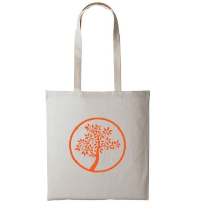 Badger and Dodo Coffee Roasters: The Badger and Dodo Tote Bag (Orange) is a beige tote with long handles featuring an elegant orange tree design enclosed in a circle, printed on one side.