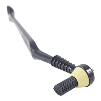 Badger and Dodo Coffee Roasters: An oral hygiene tool with a sleek black handle, similar to the Pallo Coffee Tool Group Head Cleaning Brush, features a dual-purpose design: one end has a bristled brush and the other a plastic dental pick.