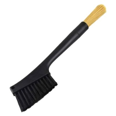 Badger and Dodo Coffee Roasters: The Pallo Grindminder 2.0 Brush has a sleek black plastic handle with dual-purpose bristles; one end sports straight black bristles, while the other features narrow, rounded yellow bristles.