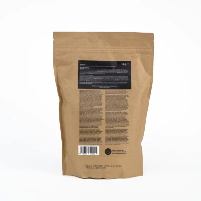 Badger and Dodo Coffee Roasters: The brown paper pouch of Mumbai Railway Chai (1kg) features a black label with product details in fine print, exuding the aromatic allure of chai. Its resealable top and granulated contents ensure freshness, while a barcode and symbols enhance its elegant design.