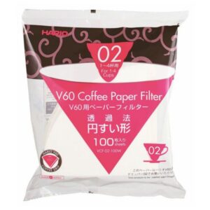 Badger & Dodo. Hario V60 2 cup Filters (Japan), size 02, for brewing 1–4 cups, come in a pack of 100 sheets with an elegant white and pink design.