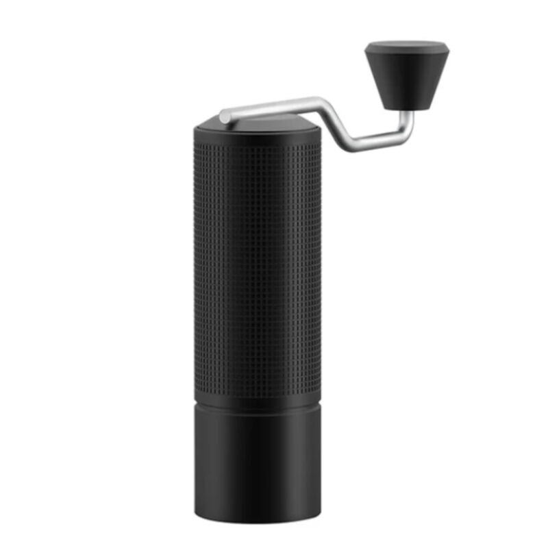 Badger & Dodo. The Grinder Chestnut espresso by Timemore is a black manual grinder with a textured body and metal hand crank, ideal for freshly ground coffee, shown on a white background.