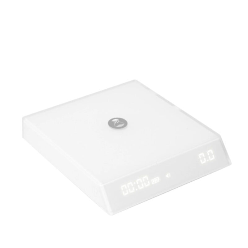 Badger & Dodo. The Mirror Nano White - Timemore is a sleek digital kitchen scale in white, featuring a clear zeroed display against a plain white background.