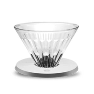 Badger & Dodo. The Timemore Filter V01 Glass - Crystal Eye features a clear, ridged cone on a white round flat holder, designed to fit easily on a scale, shown against a white background.