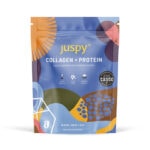 Badger & Dodo. A vibrant Juspy Collagen+Protein Powder-400g pouch features abstract designs and prominent protein details on the front.