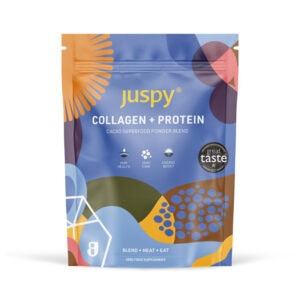 Badger & Dodo. A vibrant Juspy Collagen+Protein Powder-400g pouch features abstract designs and prominent protein details on the front.