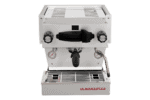 Badger & Dodo. Front view of a La Marzocco Linea Mini - Silver (Matte) espresso machine featuring dual gauges and a steam wand.