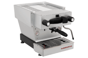 Badger & Dodo. La Marzocco Linea Mini - Silver (Matte) espresso machine with black knobs and steam wand, displayed on a white background.