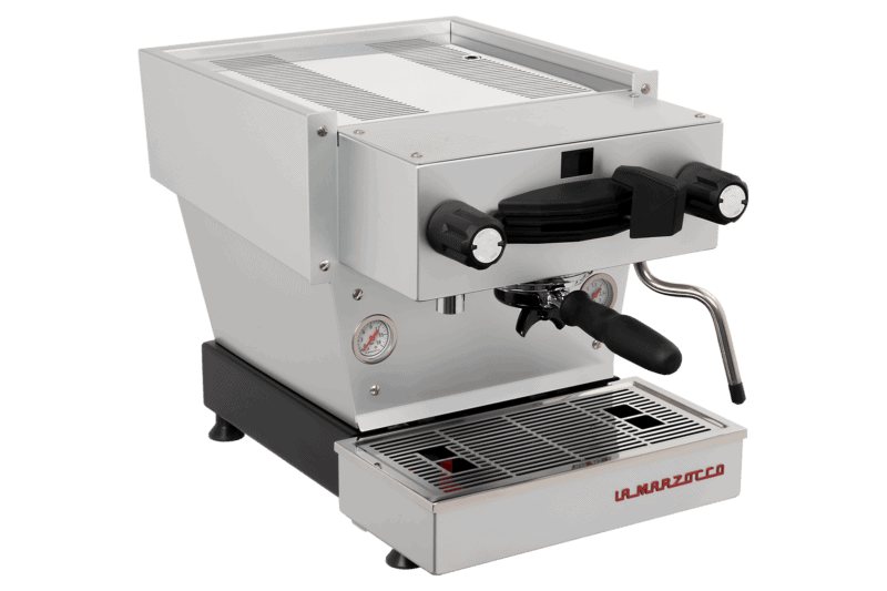 Badger & Dodo. La Marzocco Linea Mini - Silver (Matte) espresso machine with black knobs and steam wand, displayed on a white background.
