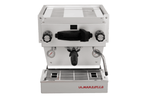 Badger & Dodo. Front view of a La Marzocco Linea Mini - Silver (Matte) espresso machine featuring dual gauges and a steam wand.