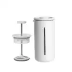 A white cylindrical French press coffee maker shown next to its disassembled internal plunger mechanism with a handle, mesh filter, and base.