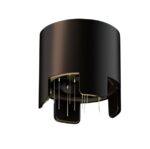 Modern black cylindrical pendant light fixture with a smooth matte finish. The shade features curved cut-out sections at the bottom, revealing a warm metallic interior and several thin vertical rods suspended inside, set against a light gray background.