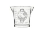 Clear glass measuring cup with dual pouring spouts, printed measurement markings on both sides, and a rhinoceros logo centered on the front. The cup is shown against a plain light gray background.