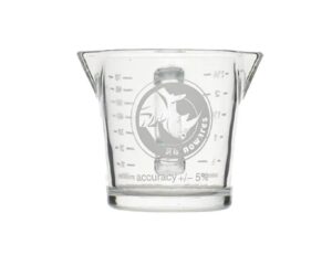 Clear glass measuring cup with dual pouring spouts, printed measurement markings on both sides, and a rhinoceros logo centered on the front. The cup is shown against a plain light gray background.